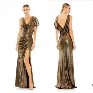 Mac Duggal 26986 Metallic Gold Draped Column Gown Dress Fitted Wrap Size 6 NWT